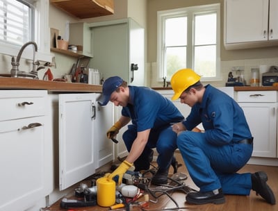 two men in blue workwears and helmets working on a kitchen