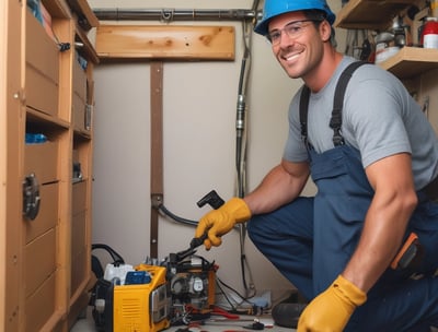 a man in a blue overalls and a helmet on