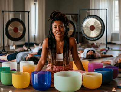 Practitioner with crystal singing bowls and gongs performing group session GMS Grow My Soul