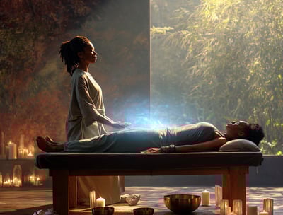Black practitioner performing energy work (Reiki) while client lays on table 