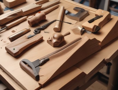 A person is engaged in woodworking, sitting cross-legged on the floor surrounded by wood shavings. They are carving a piece of wood using a chisel and a mallet. There are various tools and materials scattered around, including a knife and a block of wood.