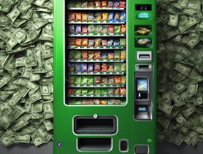 A vending machine is situated outdoors in a park-like setting, surrounded by grass, trees, and a metal trash can. Stacks of colorful drink cans and bottles are visible through the vending machine's glass front.