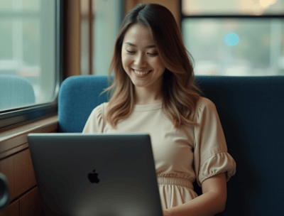 a woman sitting on a couch with a laptop computer