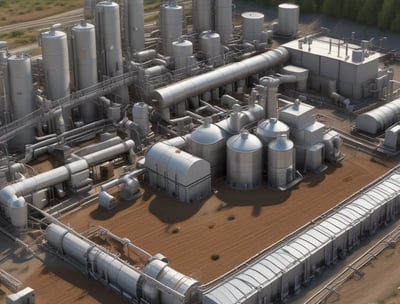 A large cargo ship is docked at a busy port, surrounded by multiple towering cranes painted in blue and orange. Shipping containers are stacked on the vessel, indicating active trade and commerce activity. The background features a partly cloudy sky and a wind turbine, suggesting sustainable energy use.