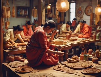 A bustling indoor market scene with many people engaged in buying and selling activities. There are stacks of packaged goods and containers around, and vendors are interacting with customers. The structure suggests a large warehouse with numbered sections on the pillars.