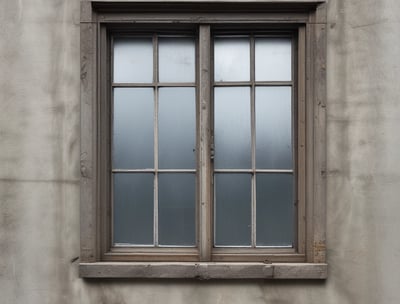 A person is standing on a ladder leaning against a building facade, appearing to perform maintenance or repairs on a window or the wall. The building has several windows and an entrance canopy. The image is in black and white, giving it a classic, timeless feel.