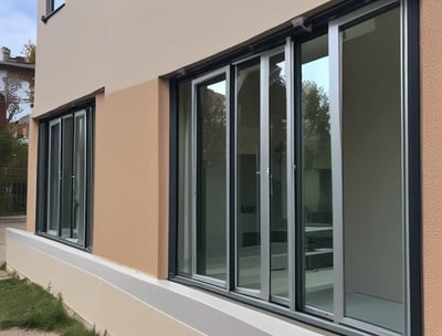 A double-pane window with a brown frame is installed in a light-colored wall. The panes are slightly dirty and show reflections and diagonal patterns. Behind the window, white fabric drapes hang in folds. An electrical wire runs across the top corner of the wall, casting a shadow.