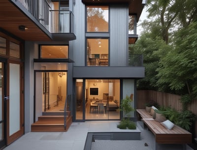 A residential building with a modern architectural design, featuring white walls and large windows. Trees with sparse foliage are in the foreground, and the scene is illuminated by warm, soft lighting, suggesting late afternoon or early evening.