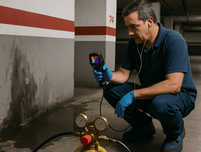 Trabajador de El Fontanero de Sevilla con una cámara termográfica para localizar fuga en Nervión.