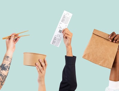 Takeout receipt, food bag, and chopsticks, symbolizing takeaway convenience.