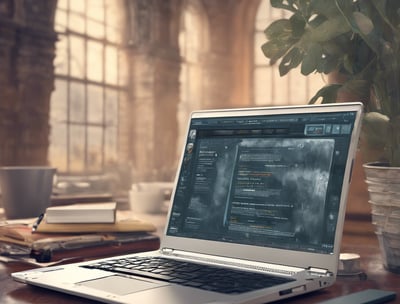 A laptop displaying the words 'Building Websites' rests on a small wooden table with black and white legs. Next to the laptop is a black mug placed on a coaster. The setting includes a brown leather sofa in the background and a patterned carpeted floor.
