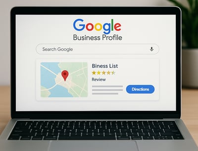 Captura de pantalla de una ficha de Google Business Profile con mapa y valoraciones en un portátil.