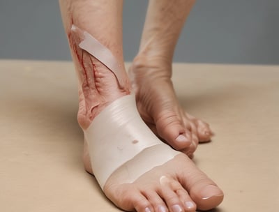 A close-up view of two feet with wounds on top, displaying streaks of blood emanating from the injuries. The feet lie on a fabric surface in a dimly lit environment, possibly simulated or artificial in appearance.