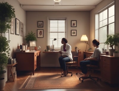 A chain-link fence encloses an area with a brick building to the right, labeled as a mental health facility. In the center, there is a small, bright yellow kiosk or shed with a green roof. The area is grassy with a dirt path leading towards the kiosk, and several trees provide greenery in the background. The sky is clear with a few scattered clouds, suggesting pleasant weather.