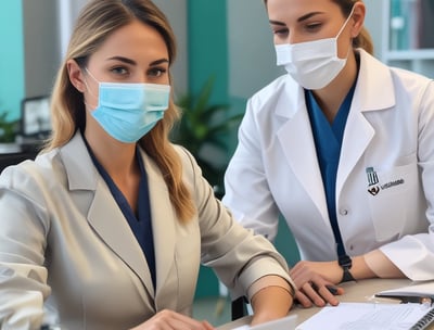 A dental professional wearing a face mask examines a product brochure. The background contains various dental care products including mouthwash and toothpaste packaging placed on a counter. The setting appears to be a dental clinic with a dental chair visible.