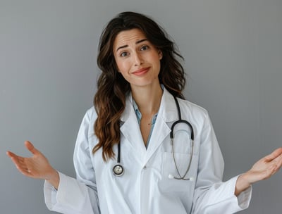 a woman in a lab coat and a stethoscope on her hands