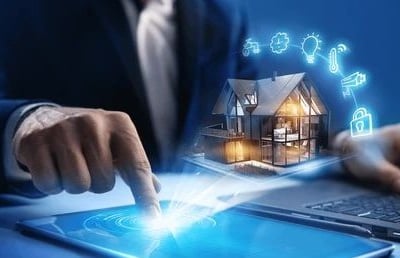 Smart home dashboard interface on mobile device.