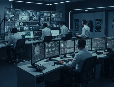 Engineers remotely monitoring networks for performance and security.