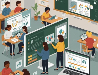 teacher and students in classroom using tailored edtech solutions in a classroom