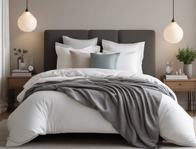 A warmly lit bedroom with two single beds. Each bed features white pillows and a red patterned bedspread. A wooden headboard is visible behind the beds, and a table lamp sits between them on a small nightstand. Above the lamp hangs a framed painting. Sunlight pours into the room from the left, casting soft, elongated shadows.