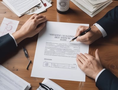 A person in a formal suit is reviewing a document with a customer prior to notarization.