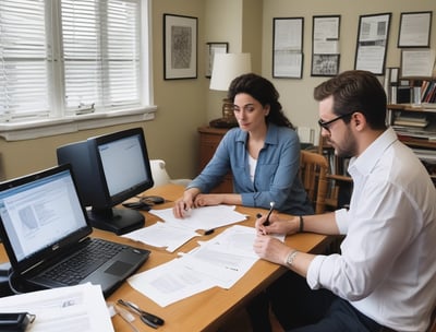 A woman is seated at a desk in the home of a man reviewing a document to be notarized.
