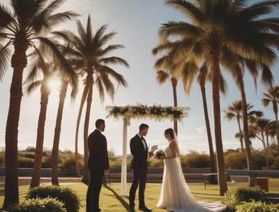 The image shows a couple getting married outside on a sunny day with palm trees in the background.