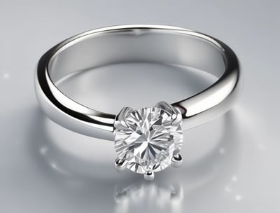 A silver diamond ring is placed on a dark, possibly velvet surface. The ring features a prominent central diamond, with smaller diamonds lining the band on either side.