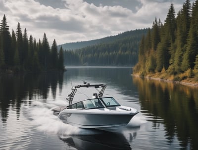 A red and gray speedboat is on a calm lake with three people onboard. The boat features a large wakeboard tower with speakers, and the individuals appear relaxed, enjoying the sunny weather. Trees line the distant shore under a clear blue sky.