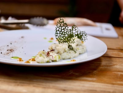 A plate with creamy risotto and green decoration