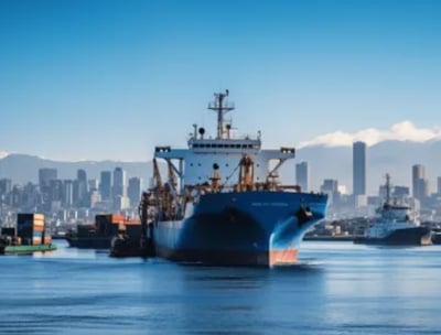 a large ship in the water with a city in the background