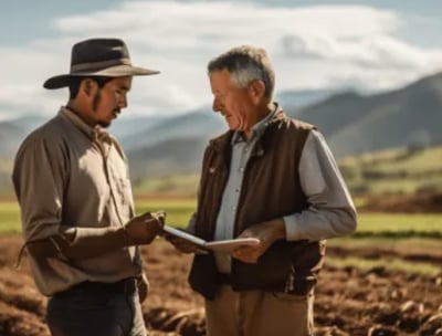 two men standing in a field with a tablet