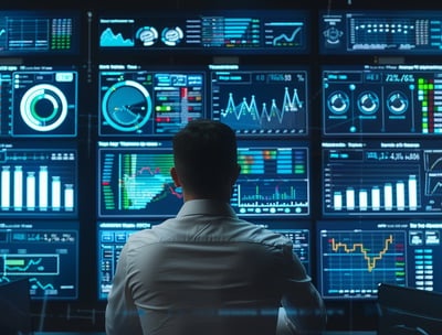 Digital dashboards visualizing building data insights and performance metrics.