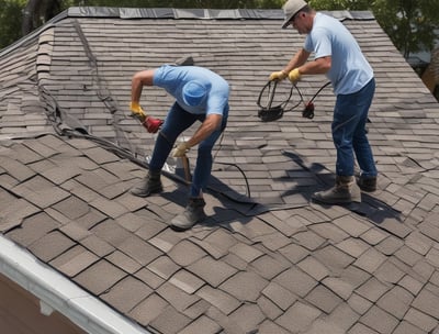 Workers wearing safety harnesses and yellow helmets are performing maintenance on a large corrugated metal roof. They are using equipment attached to ropes secured on the roof.