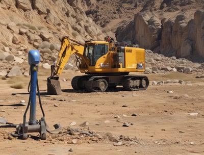 An expansive open-pit mine stretches across a wide landscape with large trenches and piles of earth. Sparse vegetation can be seen at the edges, and heavy machinery is visible within the excavation area. The horizon is lined with hills and patches of green, indicating surrounding forest or fields.