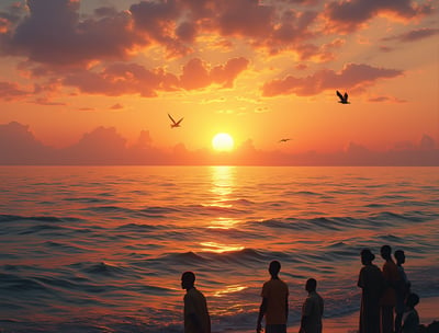 a group of people standing on a beach