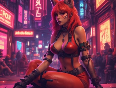 Neon signs illuminate a dark urban scene with vibrant colors. The signs advertise a variety of places and products, with one featuring a figure reading a newspaper. The surrounding architecture is in shadow, contrasting with the bright lights.