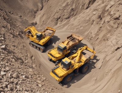 A large, heavy-duty yellow dump truck is positioned on a paved surface, carrying a load of material in its bed. The truck is branded with Volvo and appears to be used in construction or mining. The background features a cloudy sky and some sparse vegetation.