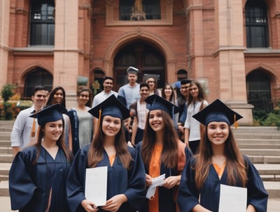 A person wearing a graduation gown and cap stands confidently in front of a building labeled 'Science & Engineering'. The architecture features brickwork and large windows, with a well-maintained pathway and small shrubs leading to the entrance.