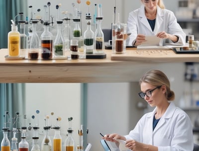 Various wellness and beauty products, including oils in bottles, a bowl of oil, dried flowers, crystals, a smudge stick, and a small dish of cream, are arranged aesthetically on a light surface. The scene is decorated with colorful flowers and herbs.