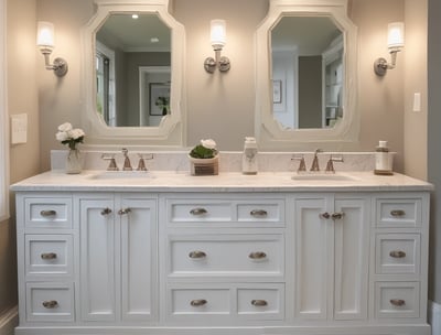 A modern kitchen sink area with wooden cabinetry and a sleek metal faucet. The minimalist design includes overhead shelving with warm ambient lighting underneath.