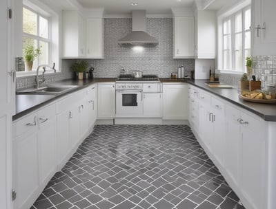 A modern kitchen with light-colored cabinets and sleek design. There are overhead cabinets, a built-in stove, and a minimalist sink. A decorative vase with branches and some pottery are placed on top of the cabinets. The ceiling features two spotlights, and there is ambient lighting under the cabinets. The floor is wooden, and the room is partially lit by sunlight coming through blinds.