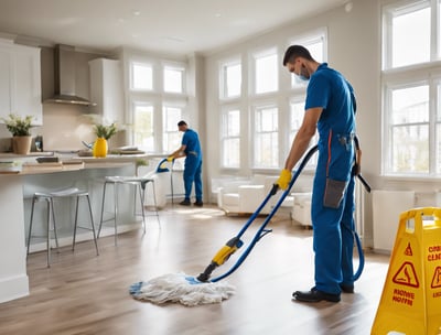 A person wearing protective clothing, a face mask, and gloves is cleaning a white cushioned furniture piece using a vacuum cleaner. The setting appears to be indoors with bright natural light streaming in through large windows. A green potted plant is placed next to a white sofa, adding a touch of nature to the clean and tidy environment.