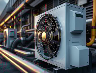 a large air conditioner with a fan on a metal pipe