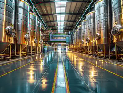 a large industrial steel steel tanks in a factory