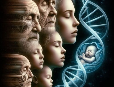 a group of people with their faces and a baby in a dna - like structure