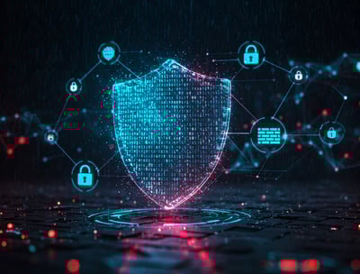 Holografinis skydas su saugumo ikonoms, simbolizuojantis kibernetinį saugumą.