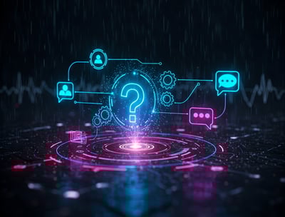 IT pagalbos vaizdas su klausimo ženklu ir technologiniais simboliais