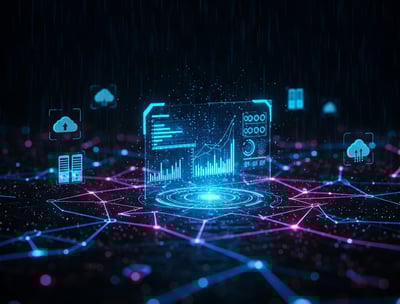 IT infrastruktūros priežiūros vaizdas su cloud ikonomis ir duomenų analizės diagramomis