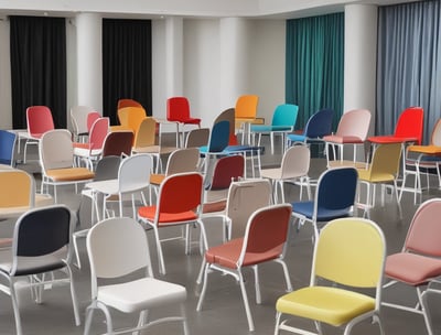 A furniture showroom with various sofas and chairs on display. In the foreground, a light gray armchair with wooden legs and a multicolored throw pillow is prominently visible. Surrounding the armchair are a few other sofas in different colors, including blue and red, set on a wooden floor. The background features shelves with fabric samples and additional seating options.